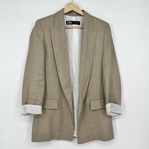 Zara 100% Linen Open Blazer Jacket Women XS Tan Oversized 3/4 Cuffed Sleeve Boxy